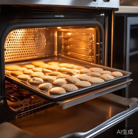 饼干入烤箱，上下火均匀烤制。