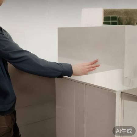 手臂下垂触吊柜下沿，高度适中。